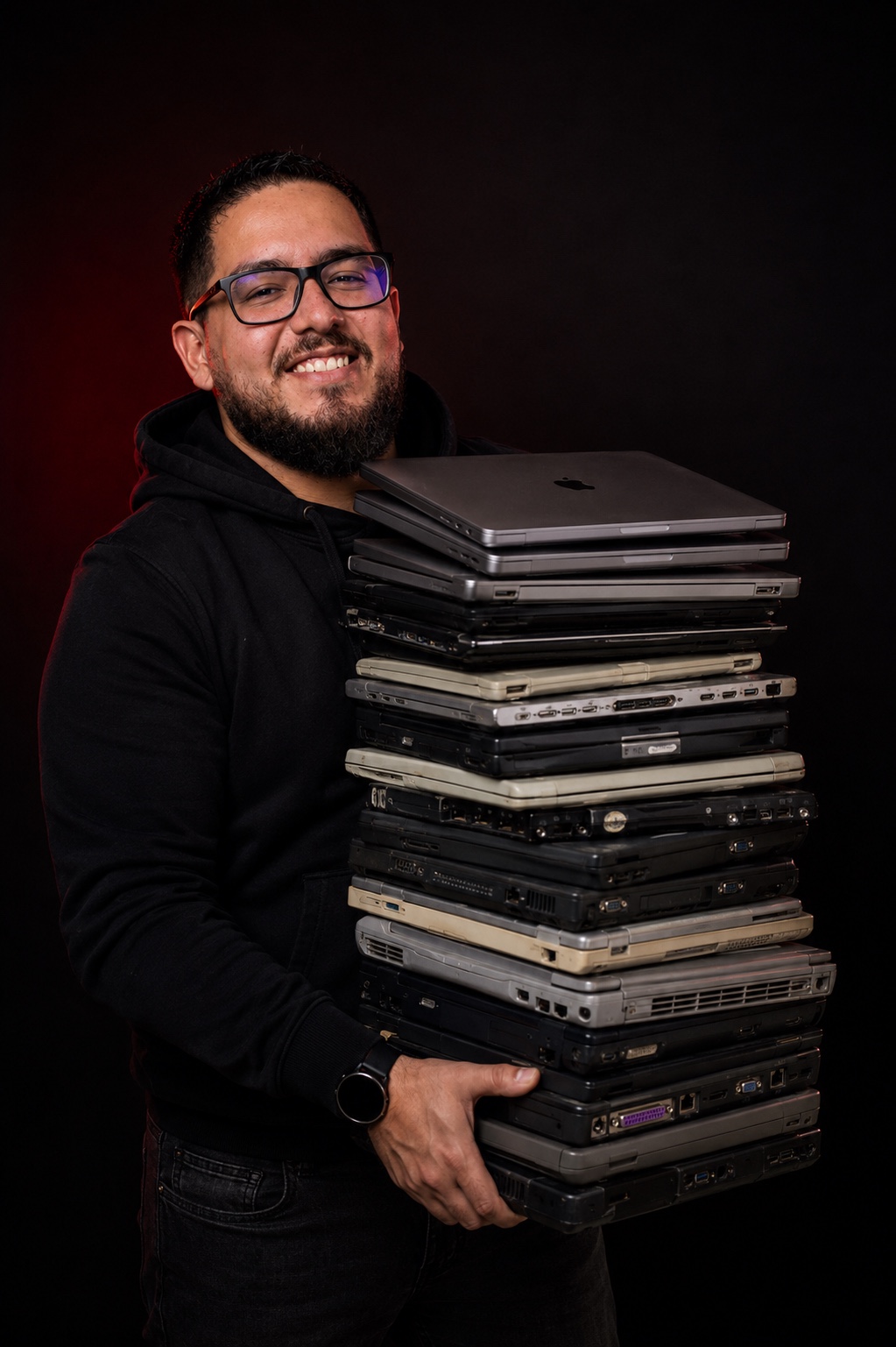 Rodrigo holding a stack of every laptop he has worked on